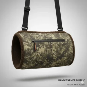 A thermal, fleece-lined hand warmer muff worn over the belly, essential for quick heat access on long, cold hunting trips.