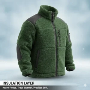 A heavy fleece or down mid-layer jacket providing insulation for extreme cold weather fishing.