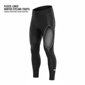 Padded cycling bib tights with fleece lining and water-resistant panels for cold weather protection.