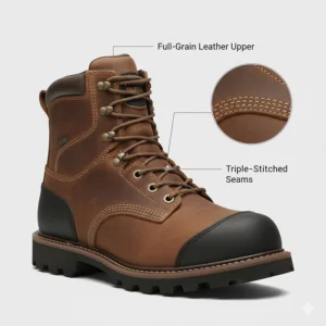 Illustration of reinforced stitching and full-grain leather used in durable cold weather work boots.
