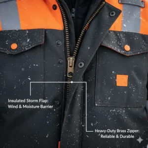 Detailed view of the heavy-duty brass zipper and storm flap closure to block wind in winter coveralls.