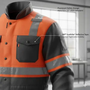 Reflective stripping and high-visibility details on safety-rated cold weather coveralls.
