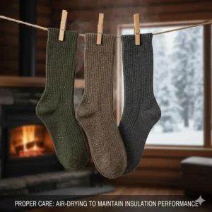 A set of quality hunting socks hanging to air dry on a line, emphasizing proper care to maintain their insulating performance.