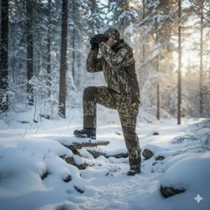 A hunter demonstrating the comfortable, non-restrictive fit and mobility of the flexible cold weather hunting pants while traversing rough terrain.