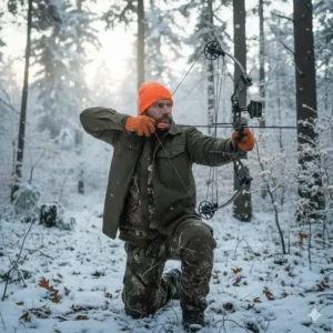 A hunter demonstrating the full range of motion and athletic fit provided by the comfortable cold weather hunting shirt while aiming a bow.