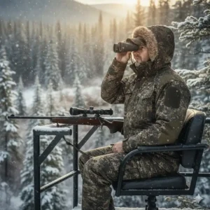 Hunter sitting comfortably in a tree stand wearing a highly insulated cold weather hunting jacket during a late-season hunt.