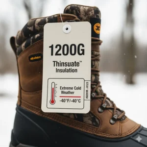 Close-up shot of a hunting boot tag showing the grams of Thinsulate insulation recommended for staying warm in cold weather.