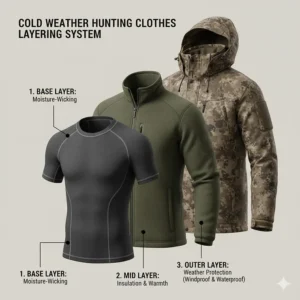 Diagram illustrating the three-layer system for cold weather hunting clothes: base, mid, and outer layers for maximum insulation.