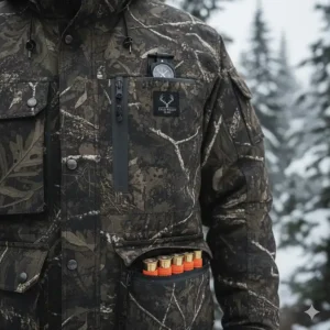Detailed view of the pocket configuration on a cold weather hunting jacket, including hand warmers and shell loops.