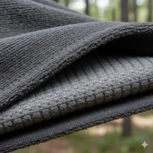 Detailed closeup of the technical, moisture-wicking fabric used in the cold weather hunting shirt to show its texture and insulation.