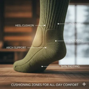 A diagram illustrating the padded and cushioned zones in a cold weather hunting sock at the heel and shin for all-day comfort.