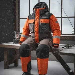 A safety-rated floatation suit used as essential cold weather fishing gear for ice safety.