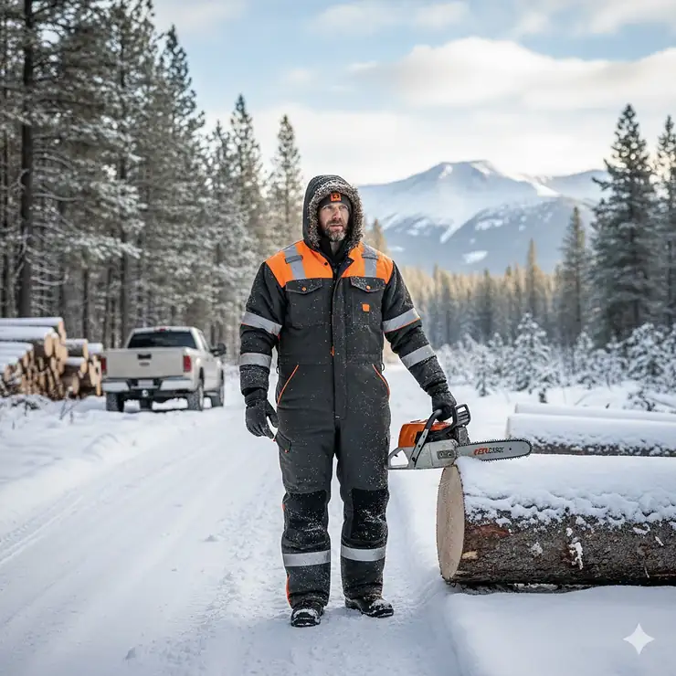 Full-body view of a worker wearing insulated cold weather coveralls while working in a snowy outdoor environment.