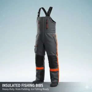 Heavy-duty insulated fishing bibs with knee padding for ice fishing and cold boat decks.