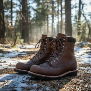 Classic, durable leather hunting boots with thick insulation suitable for long treks in cold, dry conditions.