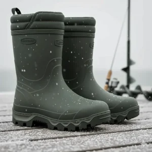 Waterproof insulated rubber boots rated for sub-zero temperatures with high-traction soles.