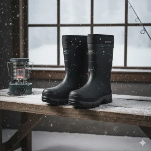 Heavy-duty insulated rubber boots with thick soles for ice fishing and cold banks.