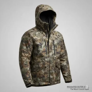 A highly insulated and windproof outer shell jacket in camouflage, considered the most crucial piece of your best cold weather hunting gear.