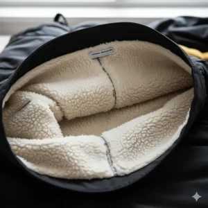 Detailed view of the interior fleece lining that provides superior insulation in these cold weather bibs.
