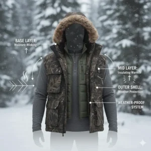 Graphic depicting a recommended layering system underneath the cold weather hunting jacket for optimal temperature regulation.