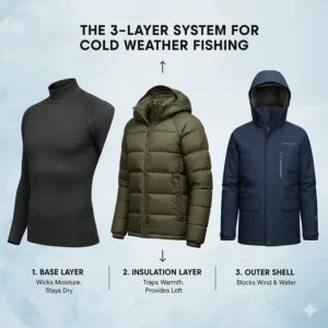 Diagram showing the base, insulating, and outer shell layers for cold weather fishing clothes.
