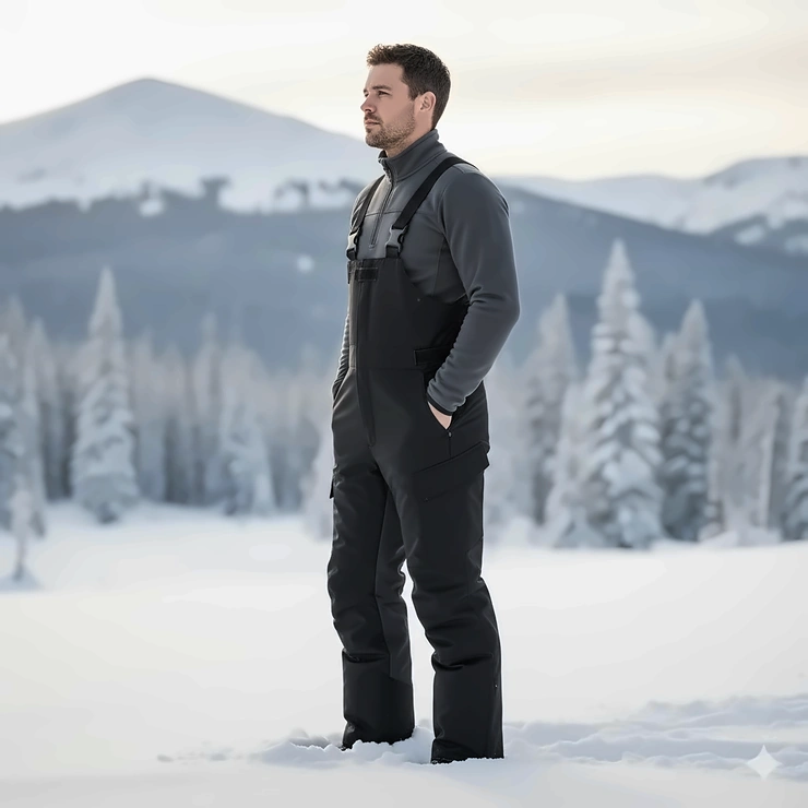 Full-length side view of men's heavy-duty cold weather bibs, showcasing the protective high-waisted design.