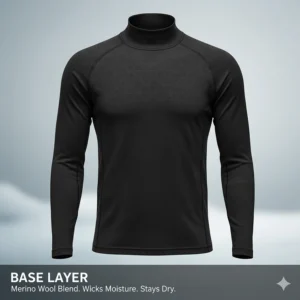 Close-up of a moisture-wicking merino wool base layer designed for winter fishing warmth.
