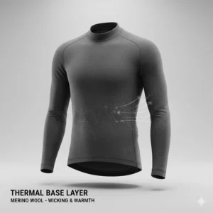 A close-up illustration of a long-sleeve merino wool base layer for moisture-wicking in cold weather.