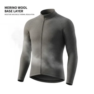 Illustration of long-sleeve merino wool base layers designed for moisture management in cold weather cycling.
