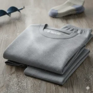 Synthetic thermal base layer top and bottom designed for moisture-wicking during winter fishing.