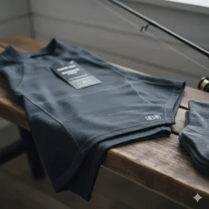 Close-up of thermal moisture-wicking base layers designed for winter fishing.