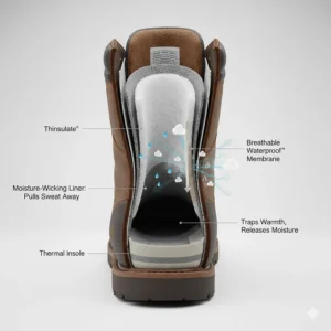 Graphic showing how moisture-wicking liners pull sweat away from the skin inside insulated work boots.