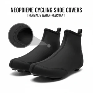 Neoprene cycling overshoes worn over road shoes to keep feet warm and dry in wet, cold conditions.