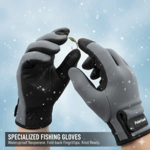 Waterproof neoprene fishing gloves with fold-back fingertips for tying knots in cold weather.