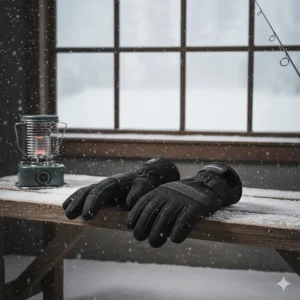 Specialized neoprene fishing gloves with fold-back fingers for knot tying in cold weather.