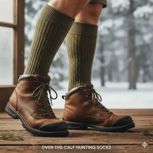 An illustration showing the proper fit of over-the-calf hunting socks extending well above the boot line for protection and warmth.