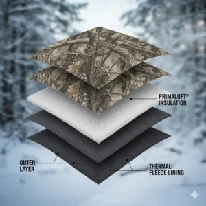 Diagram showing the layers of the hunting pants, highlighting the thick Primaloft or Thinsulate insulation layer for extreme cold weather.