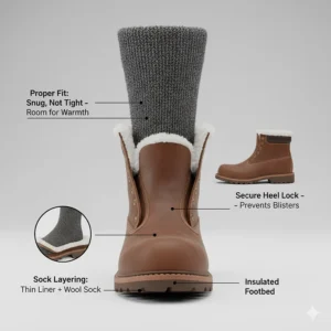 Illustration of how cold weather work boots should fit with thick wool thermal socks.