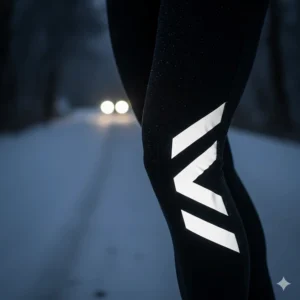 Highlight of high-visibility reflective strips on running tights for safety during dark winter runs.