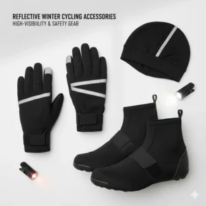 Essential cold weather cycling gear featuring reflective strips and high-visibility colors for low-light winter riding.