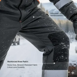 Close-up illustration of reinforced knee and elbow patches on durable cold weather coveralls.