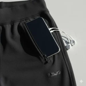 Detail shot of a zippered weather-resistant phone pocket on the side of winter running tights.