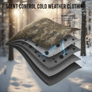 Graphic highlighting the scent control technology integrated into specialized cold weather hunting clothes.