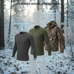 Diagram illustrating how the cold weather hunting shirt works as a mid or base layer in a complete hunting system for regulating body temperature.
