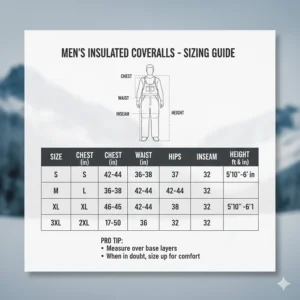 Comprehensive sizing chart for choosing the right fit for men's insulated cold weather coveralls.