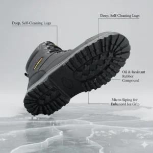 Close-up of deep-tread rubber outsoles designed for traction on icy surfaces.