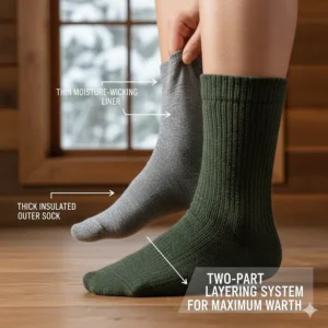 Diagram showing a two-part hunting sock layering system with a thin liner sock underneath a thicker, insulated outer sock for maximum warmth.