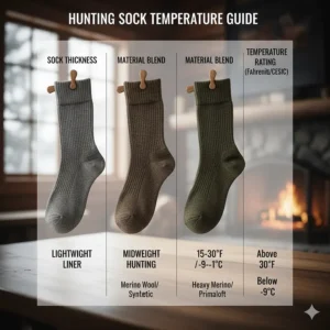 A chart comparing different sock thicknesses (lightweight, midweight, expedition) and their suggested temperature ratings for very cold weather hunting.