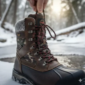 A clear shot of the speed lacing system and ankle support feature on a top-rated cold weather hunting boot.