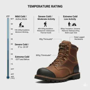 A guide showing different activity levels and corresponding temperature ratings for cold weather work boots.